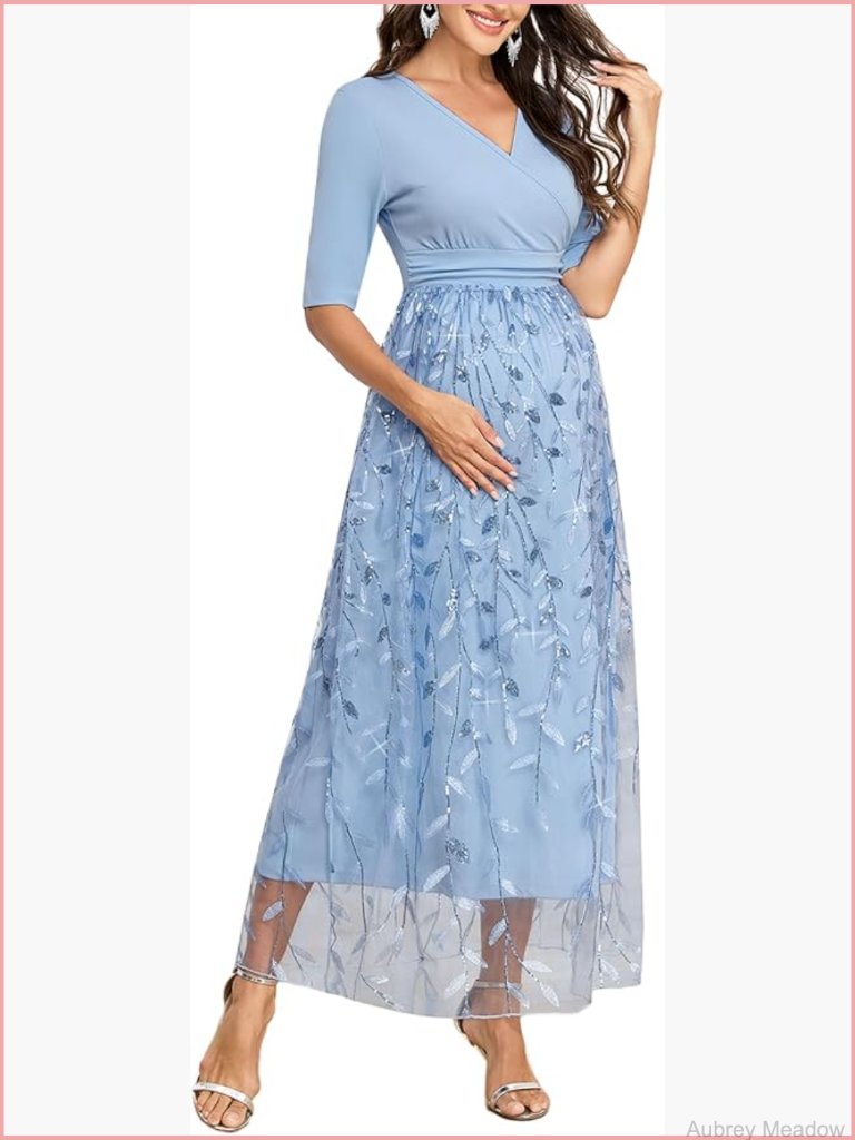 Wrap V Neck Maternity Dress With Sequined Tulle A-Line Midi For Photoshoot